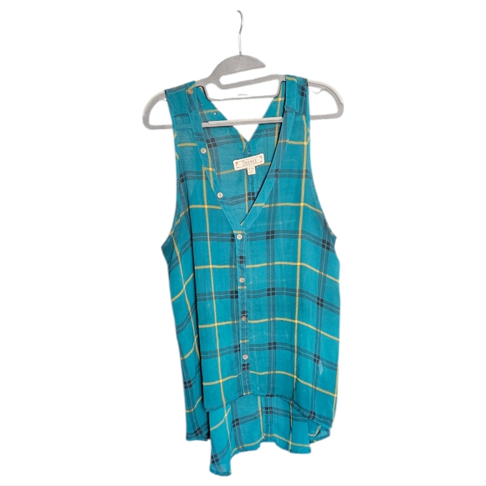 Decree Teal Plaid V-Neck Button-Front Hi Low Sleeveless Top - Picture 2 of 4